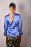 Bifty. Shirt/jacket in Stretch Silk Satin with covered buttons "Martinblue"