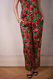 Norma, Semi-wide legged  trousers in Stretch satin Silk. "Grass poppies"