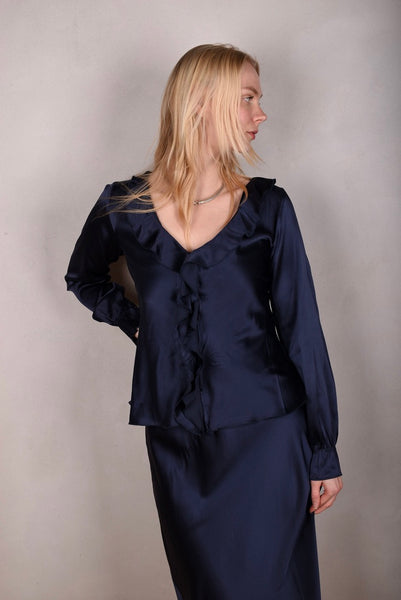 Palma - Silk shirt with frill,  "Midnight blue"