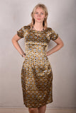 "Maude" Classic dress in stretch silk Crepe-satin. Print "Tasket"