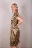 "Maude" Classic dress in stretch silk Crepe-satin. Print "Tasket"