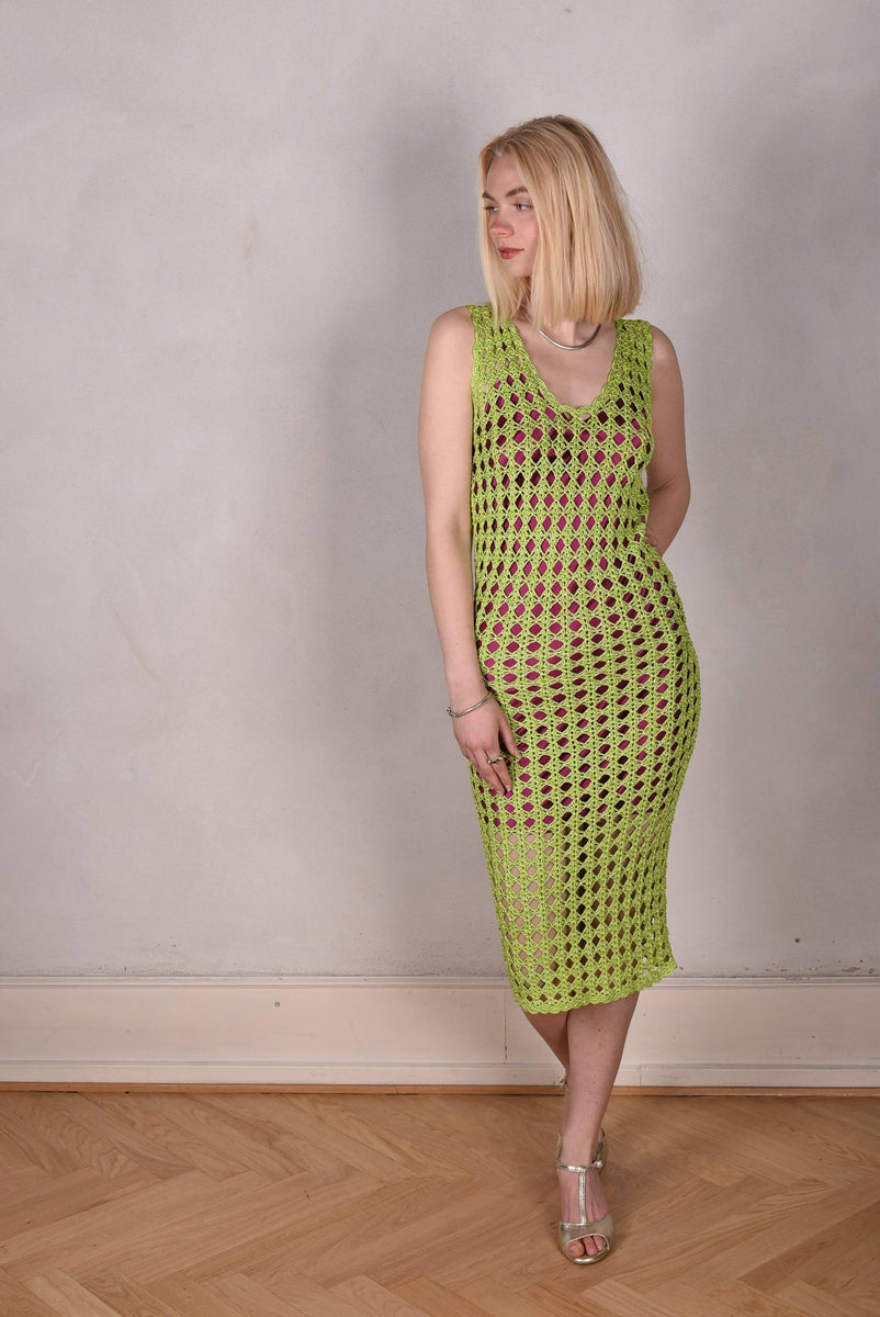 Kraka. Dress in 100% silk Crochet. "Spring-green"  Tone Barker Silk