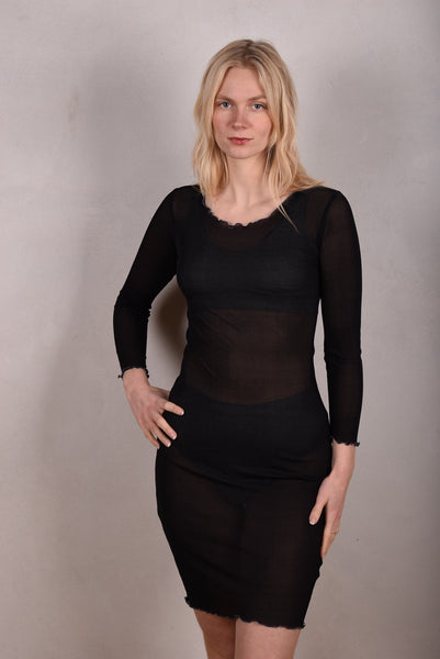 Nubie-ribsilk - Dress in 100% silk rib jersey - Long sleeves Black
