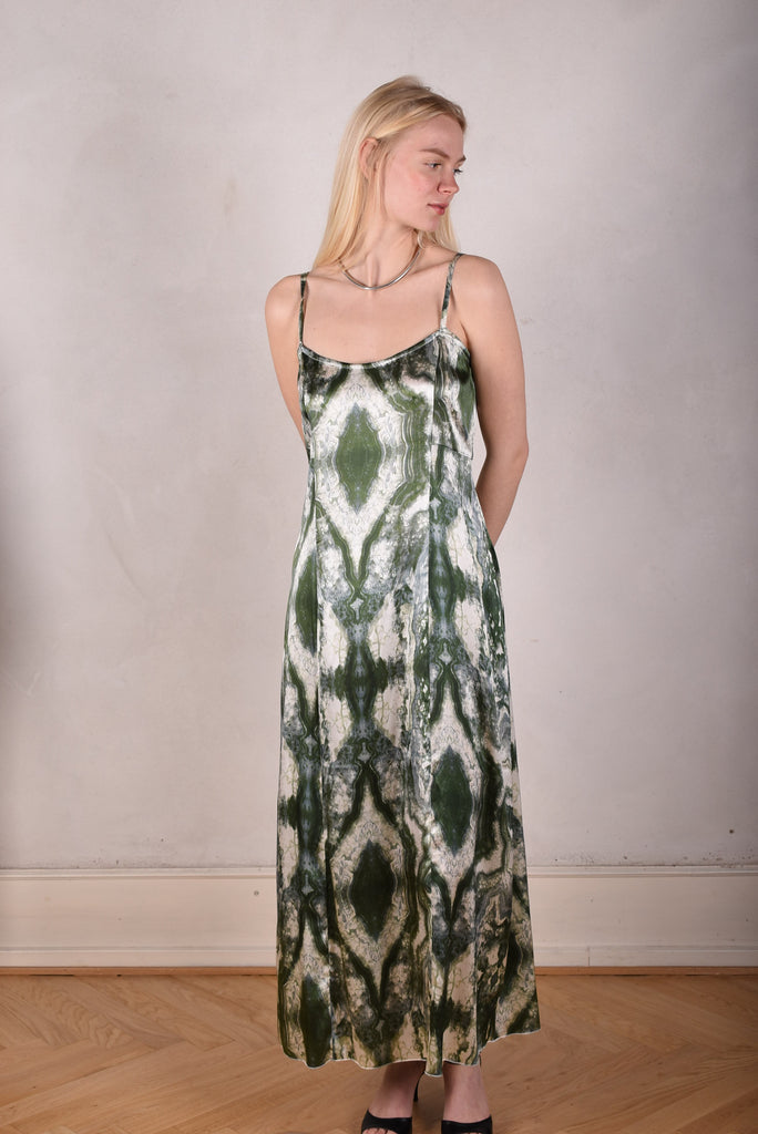 My-Long, Stretch silk maxi length strap-dress. "Mar-Green"