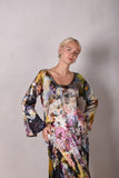 Indrea,  Maxi dress kaftan-style with pockets in Stretch satin silk. Print 