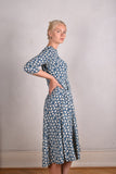 Jane. Stretch Silk midi-length dress with pockets (Bird-in-blue)