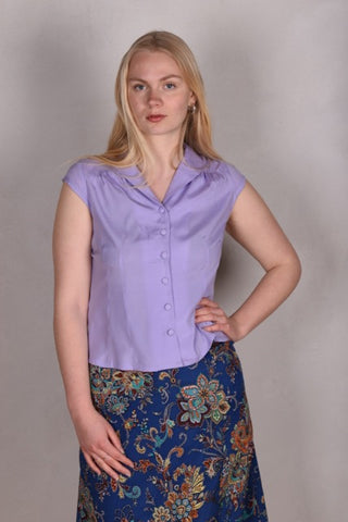 Sif. Faconsyet, kortærmet bluse i stretch crepe silke (Lilac)