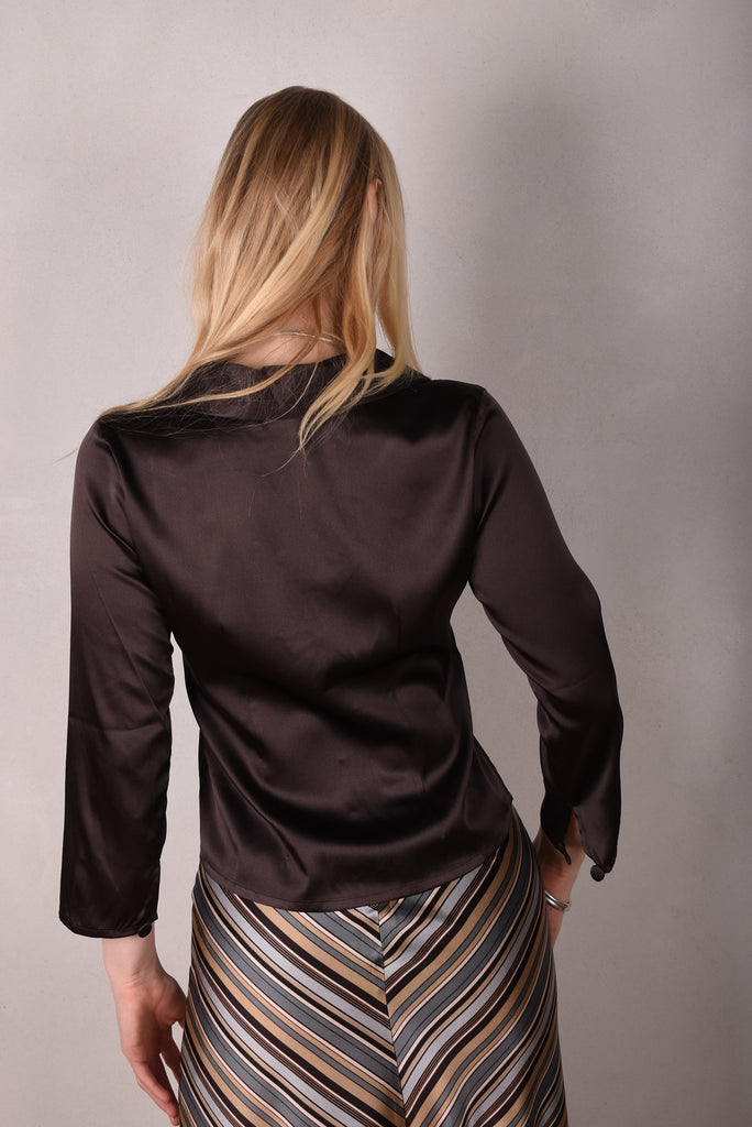 Bifty. Shirt/jacket in Stretch Silk Satin with covered buttons "Coffee" - Tone Barker Silk