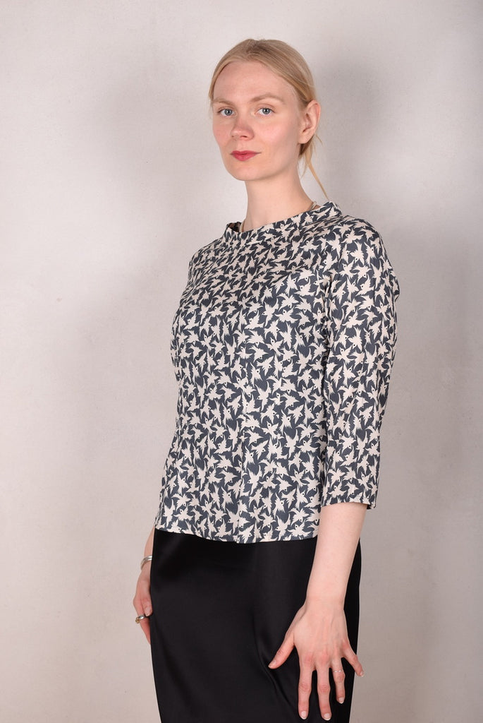 Audrey. Silk satin stretch top, classic style. Print: "Tin-bird" - Tone Barker Silk