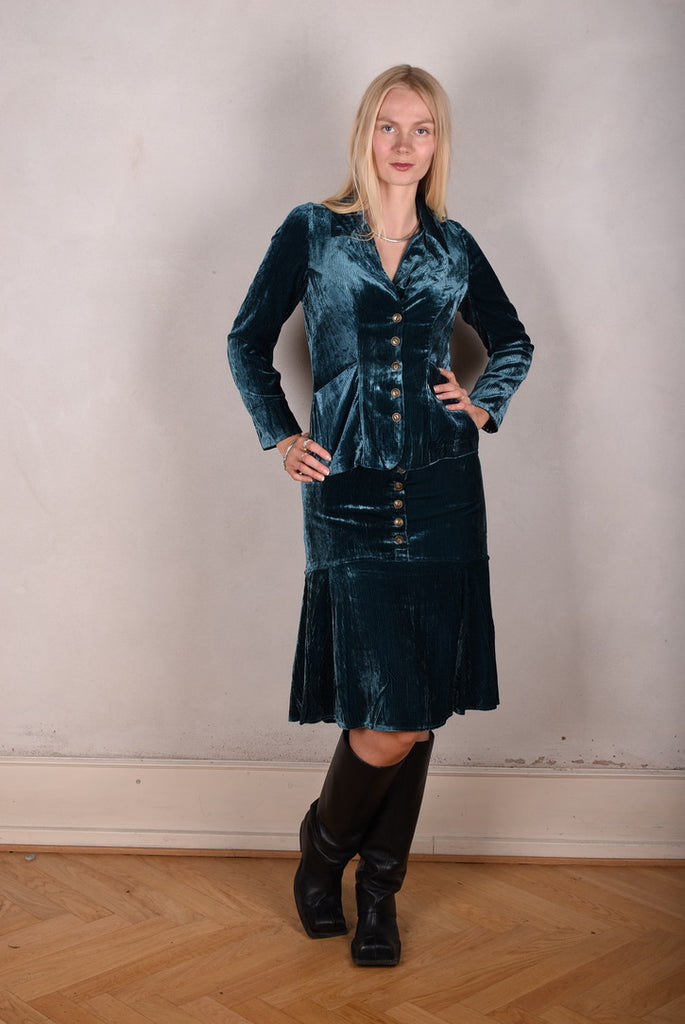 Patti-velvet. Silk stretch Velvet corduroy jacket. Petrol (details in stretch silk print "blears" - Tone Barker Silk