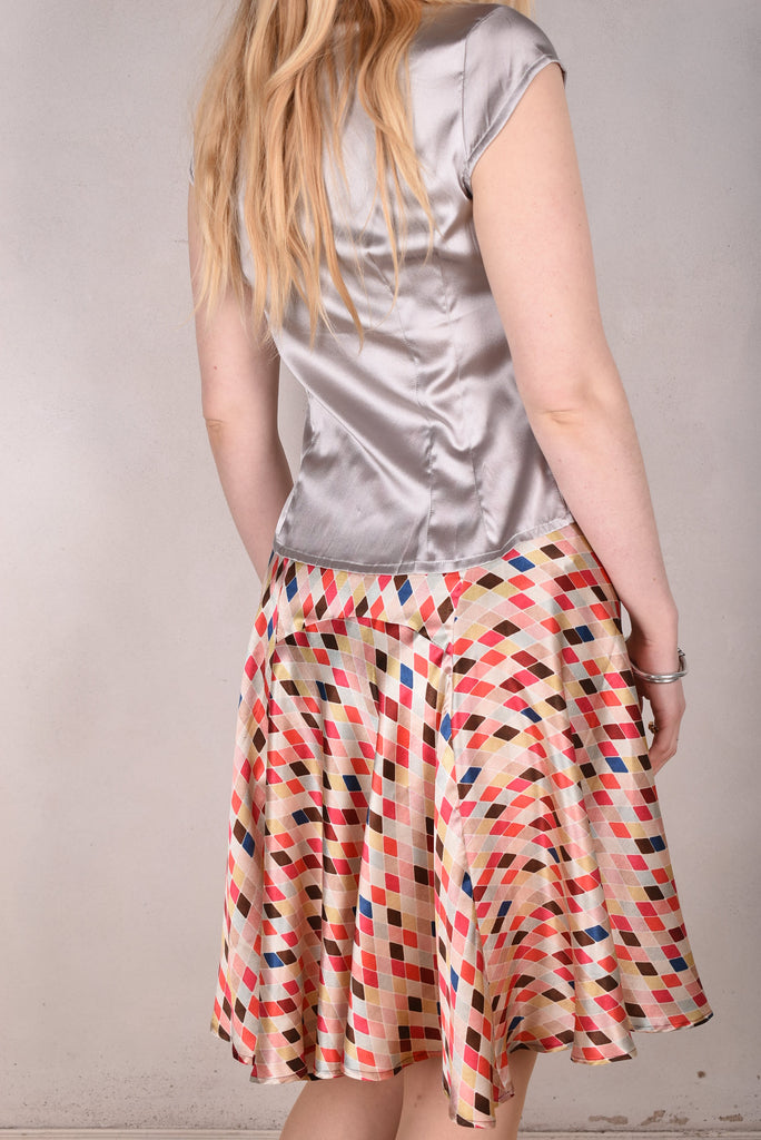 Tango, skirt in stretch silk satin, 95%silk/5% elastane. Print "Harlequin" - Tone Barker Silk
