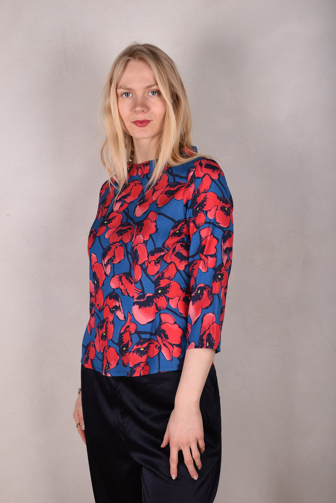 Audrey. Silk satin stretch top, classic style. Print:"Pal-Pop" (Matte side out) - Tone Barker Silk