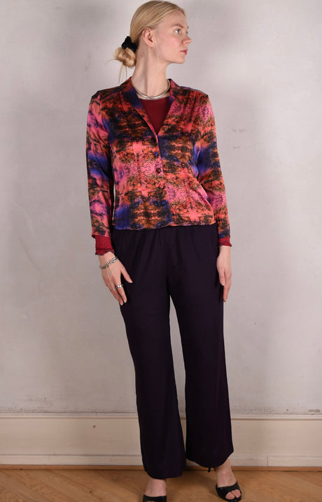 Norma, Semi-wide legged  trousers in Stretch satin Silk. "Night Purple" Matte silk - Tone Barker Silk