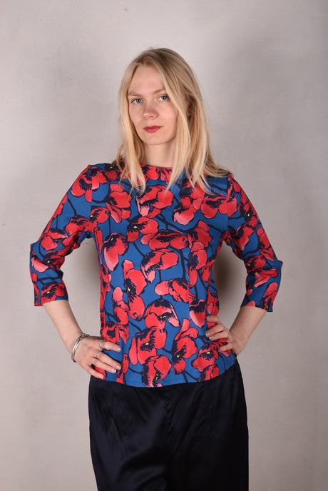Audrey. Silk satin stretch top, classic style. Print:"Pal-Pop" (Matte side out) - Tone Barker Silk