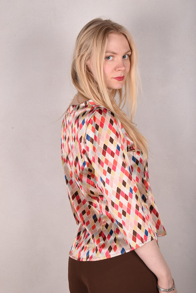 Audrey. Silk satin stretch top, classic style. Print:"Harlequin" - Tone Barker Silk