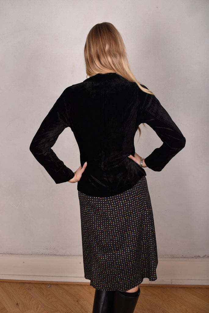 Patti-velvet. Silk stretch Velvet corduroy jacket. Black (details in stretch silk print "blears" - Tone Barker Silk