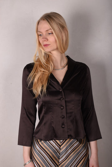 Bifty. Shirt/jacket in Stretch Silk Satin with covered buttons "Coffee" - Tone Barker Silk