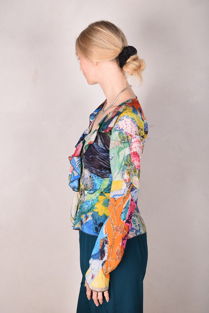 Palma - Silk shirt with Volant. Print "Giadams" by Nulle Oigaard - Tone Barker Silk