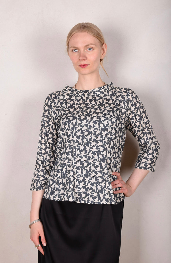Audrey. Silk satin stretch top, classic style. Print: "Tin-bird" - Tone Barker Silk