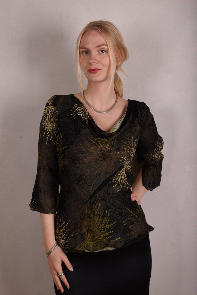 "Thinkatop" Reversible silk blouse. Prints: Bluweed/Dark Snake - Tone Barker Silk