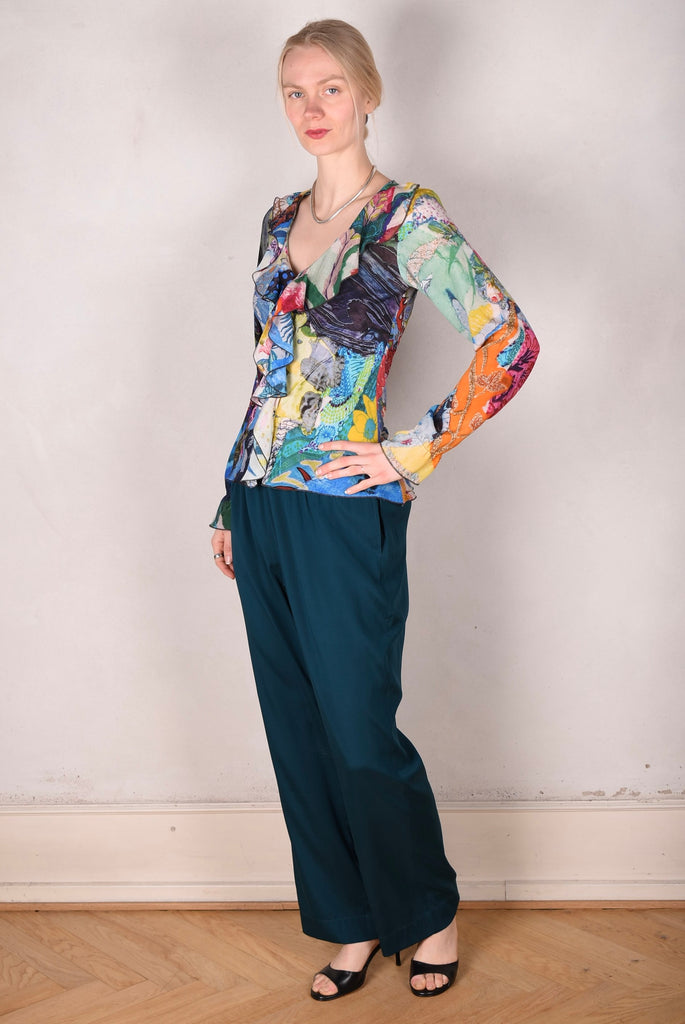 Norma, Semi-wide legged  trousers in Stretch satin Silk. "Petrol blue" Matte silk - Tone Barker Silk