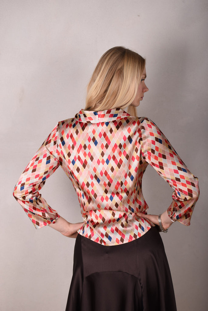 Bifty. Shirt/jacket in Stretch Silk Satin with covered buttons "harlequin" (shiny side out) - Tone Barker Silk
