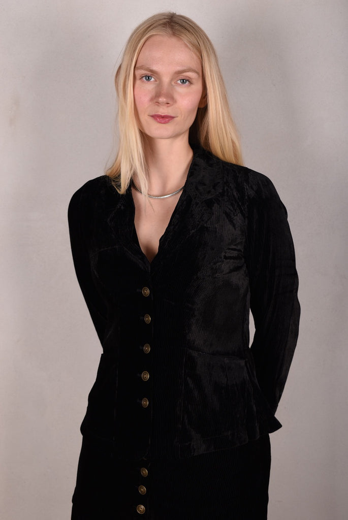 Patti-velvet. Silk stretch Velvet corduroy jacket. Black (details in stretch silk print "blears" - Tone Barker Silk