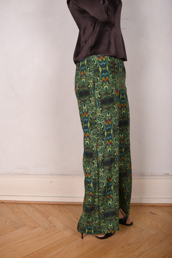 Norah, Wide legged  trousers in Stretch satin Silk. "Fraktal Green" - Tone Barker Silk