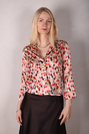 Bifty. Shirt/jacket in Stretch Silk Satin with covered buttons "harlequin" (shiny side out) - Tone Barker Silk