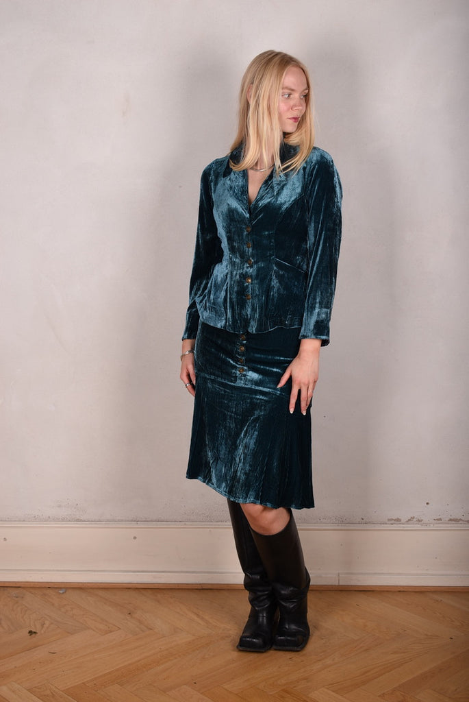 Joan-velvet. Skirt in silk/viscose corduroy velvet. Petrol (lining in print "Blears" silk) - Tone Barker Silk