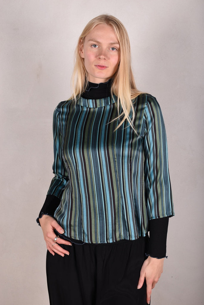Audrey. Silk satin stretch top, classic style. Print: "M.B.Stripe-petrol" - Tone Barker Silk