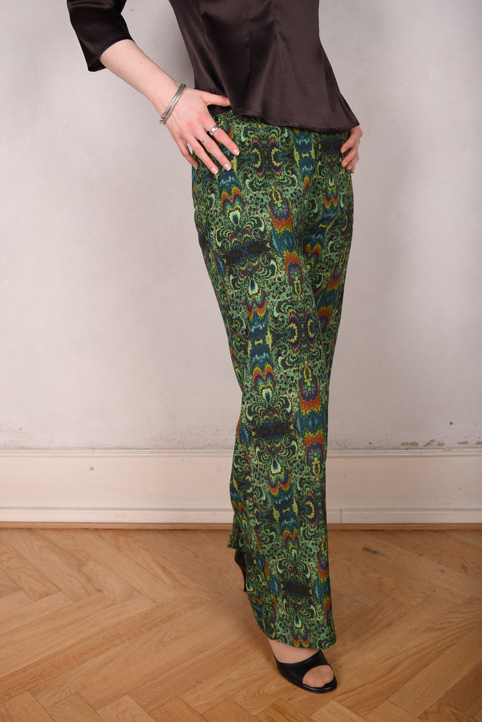 Norah, Wide legged  trousers in Stretch satin Silk. "Fraktal Green" - Tone Barker Silk
