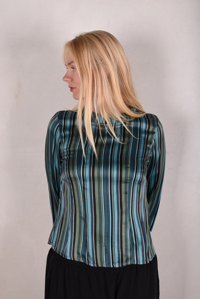Audrey. Silk satin stretch top, classic style. Print: "M.B.Stripe-petrol" - Tone Barker Silk