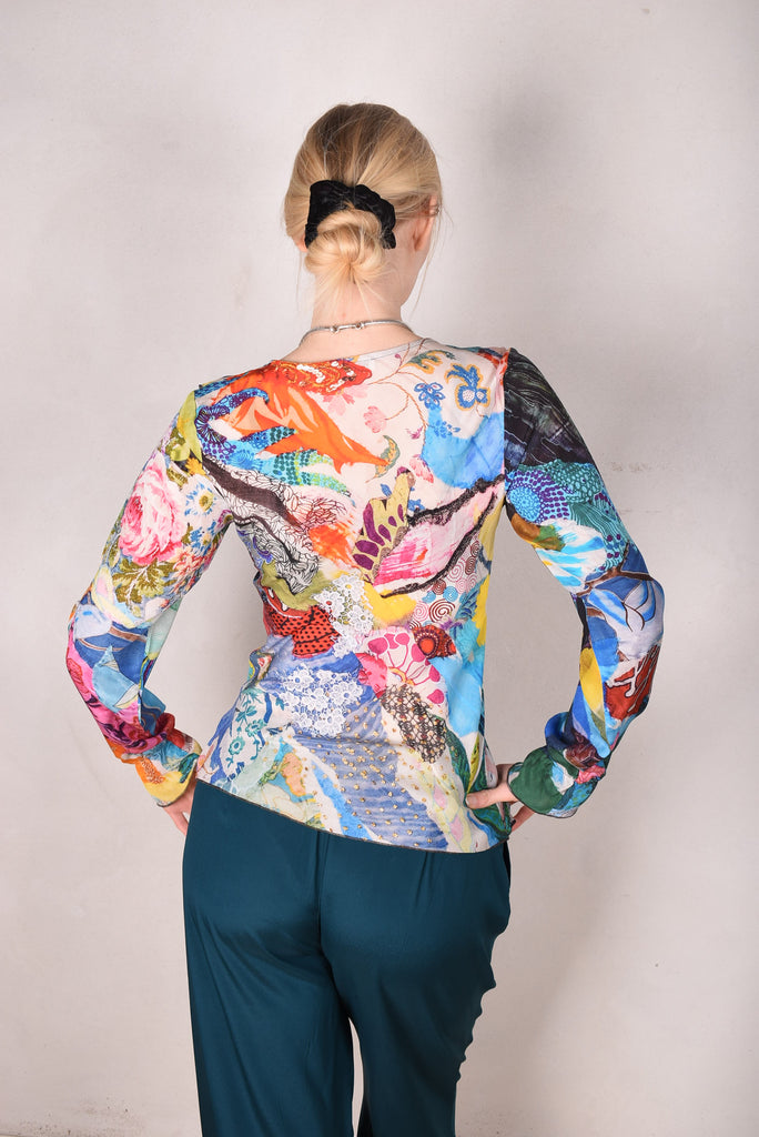 Palma - Silk shirt with Volant. Print "Giadams" by Nulle Oigaard - Tone Barker Silk