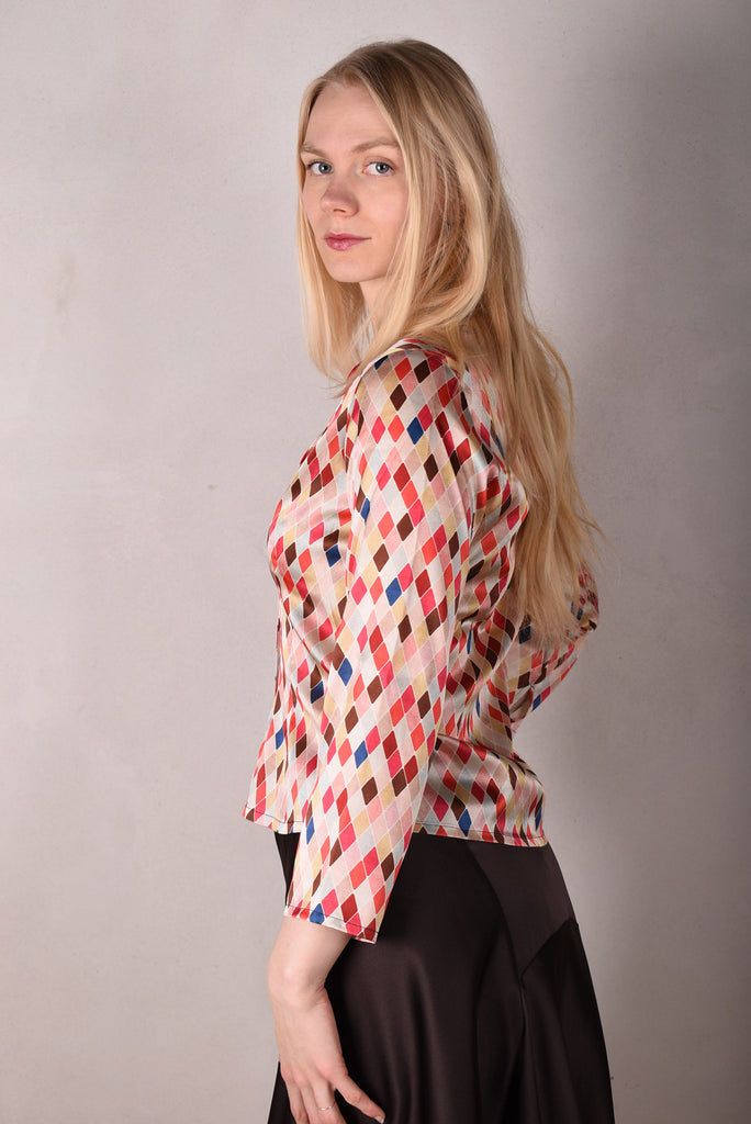 Bifty. Shirt/jacket in Stretch Silk Satin with covered buttons "harlequin" (shiny side out) - Tone Barker Silk