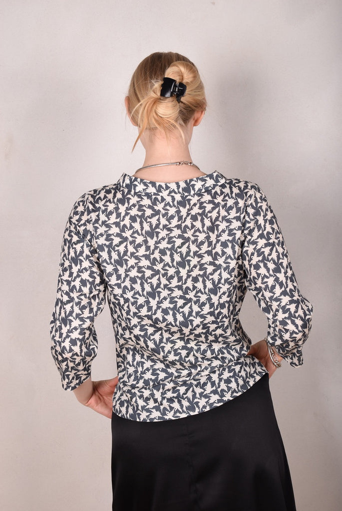 Audrey. Silk satin stretch top, classic style. Print: "Tin-bird" - Tone Barker Silk