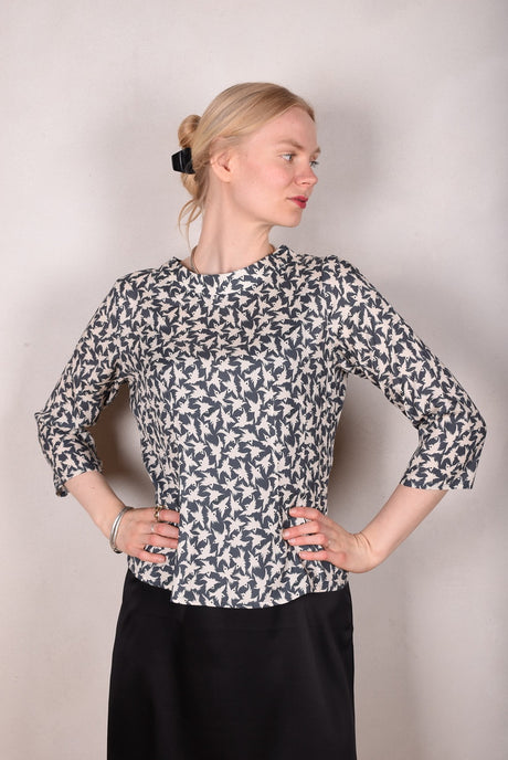Audrey. Silk satin stretch top, classic style. Print: "Tin-bird" - Tone Barker Silk