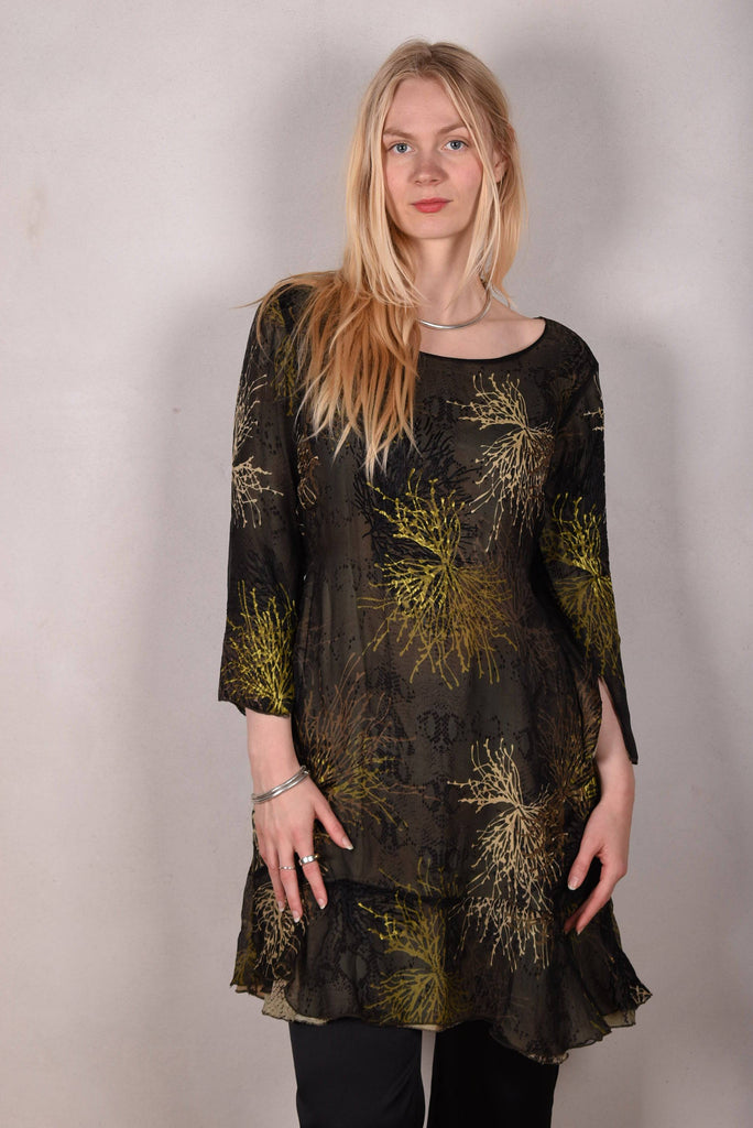 Reversible Silk dress "Ann-Line" Print combination "Bluweed/Dark Snake" - Tone Barker Silk