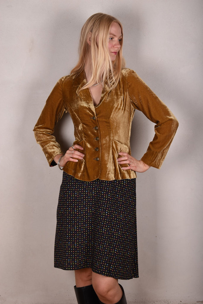 Patti-velvet. Silk stretch Velvet corduroy jacket. Camel with details in print "Angels/demons" - Tone Barker Silk