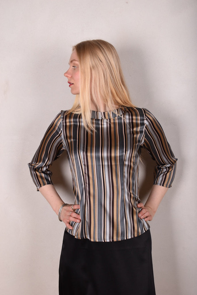 Audrey. Silk satin stretch top, classic style. Print: "M.B.stripe" by M.BARKER - Tone Barker Silk