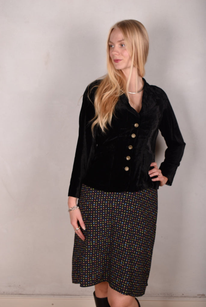 Patti-velvet. Silk stretch Velvet corduroy jacket. Black (details in stretch silk print "blears" - Tone Barker Silk