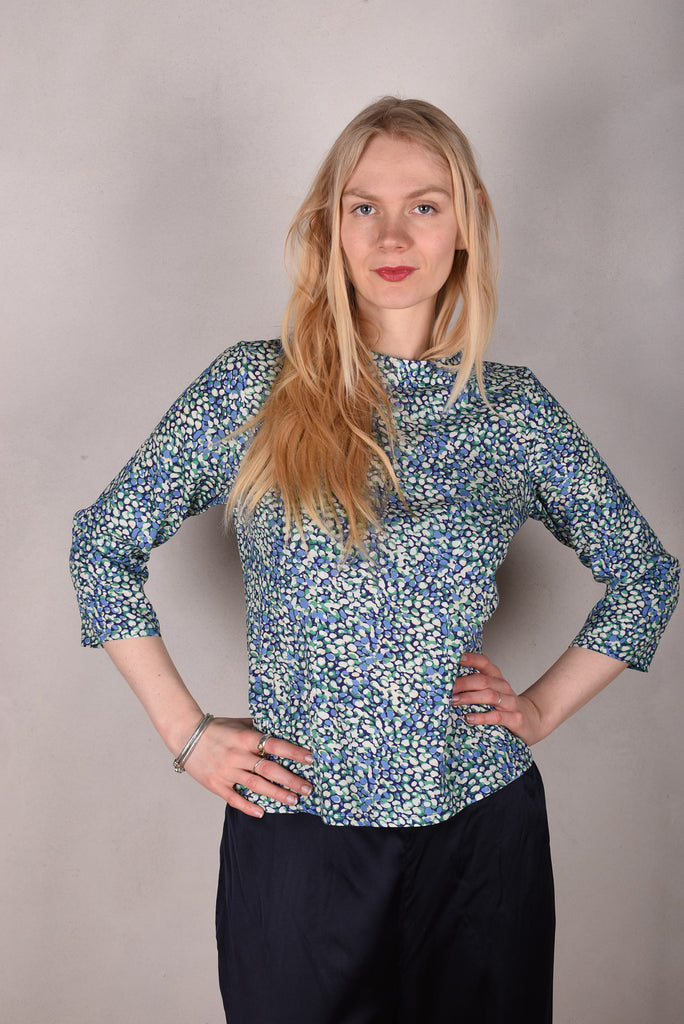 Audrey. Silk satin stretch top, classic style. Print:"Props" - Tone Barker Silk