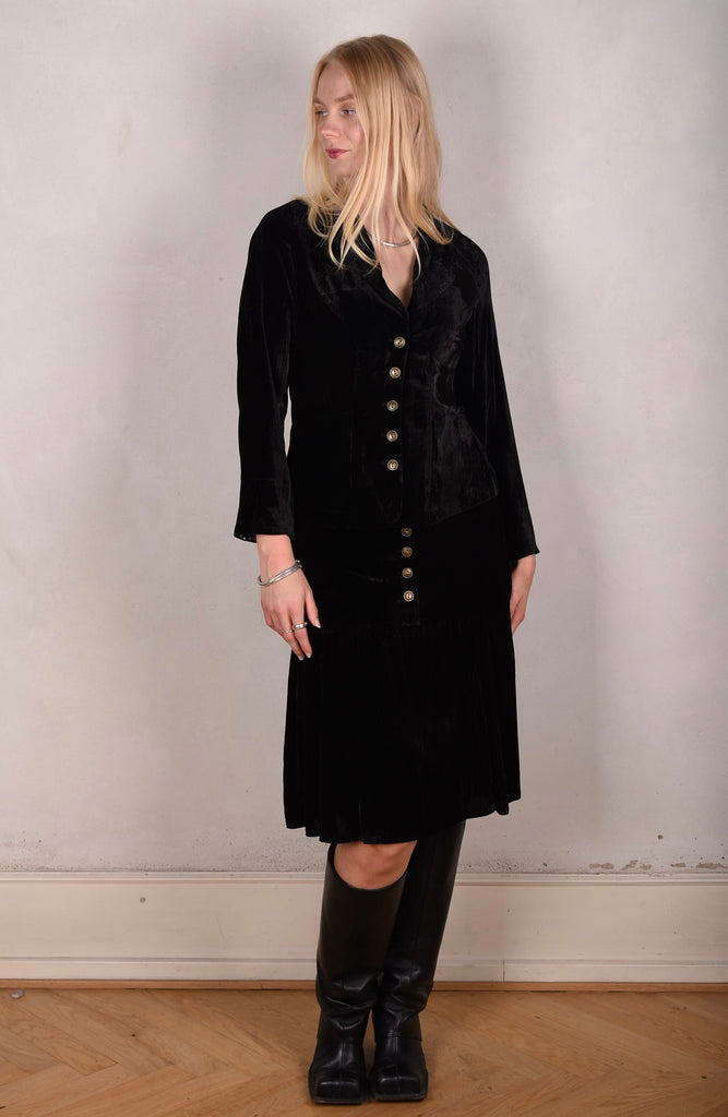 Patti-velvet. Silk stretch Velvet corduroy jacket. Black (details in stretch silk print "blears" - Tone Barker Silk