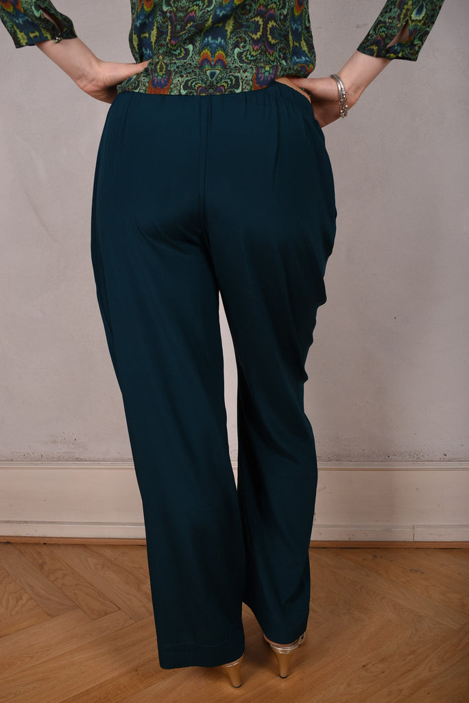 Norma, Semi-wide legged  trousers in Stretch satin Silk. "Petrol blue" Matte silk - Tone Barker Silk