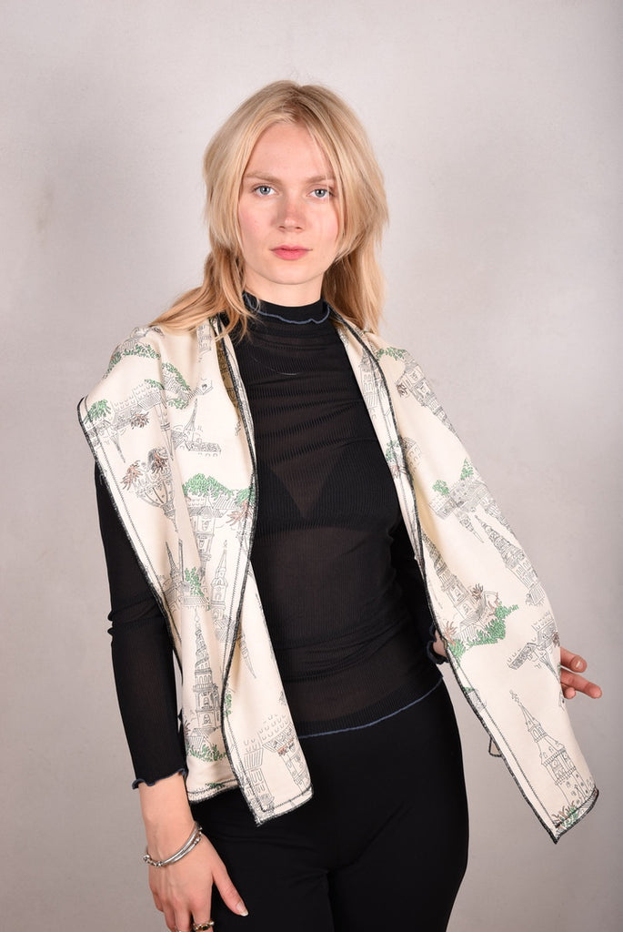 Noil silk/viscose mix double scarf (two layers) 33 x 160 cm with print "Towers" by Bøje Barker - Tone Barker Silk