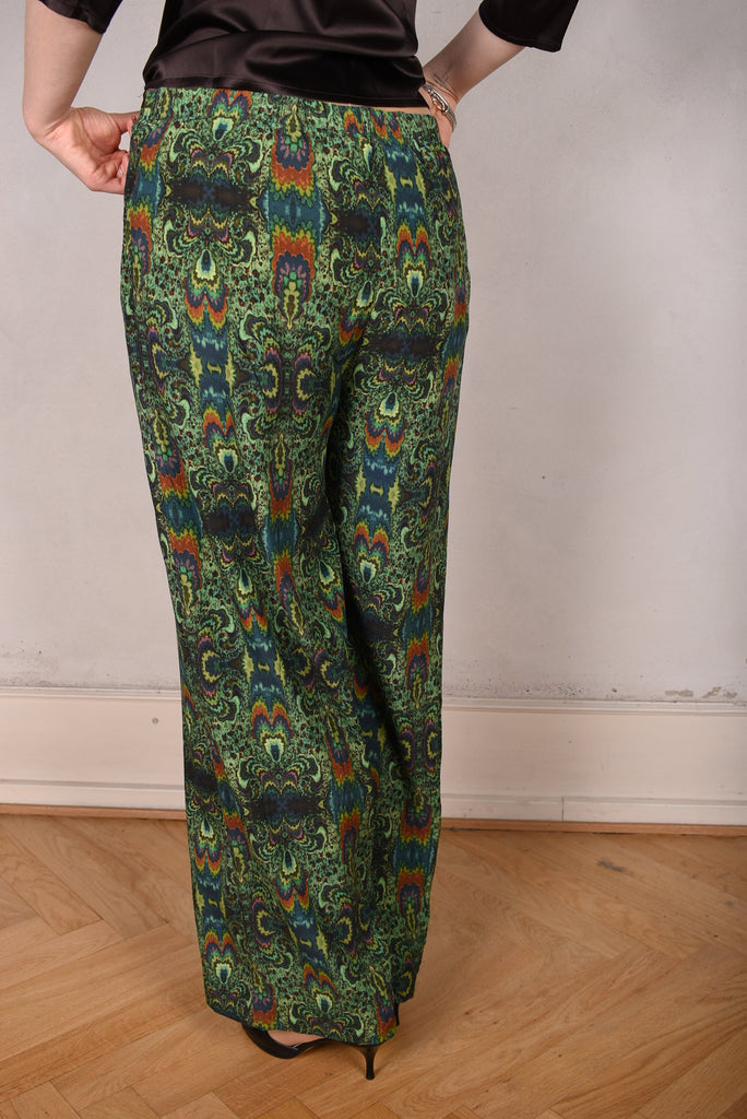 Norah, Wide legged  trousers in Stretch satin Silk. "Fraktal Green" - Tone Barker Silk