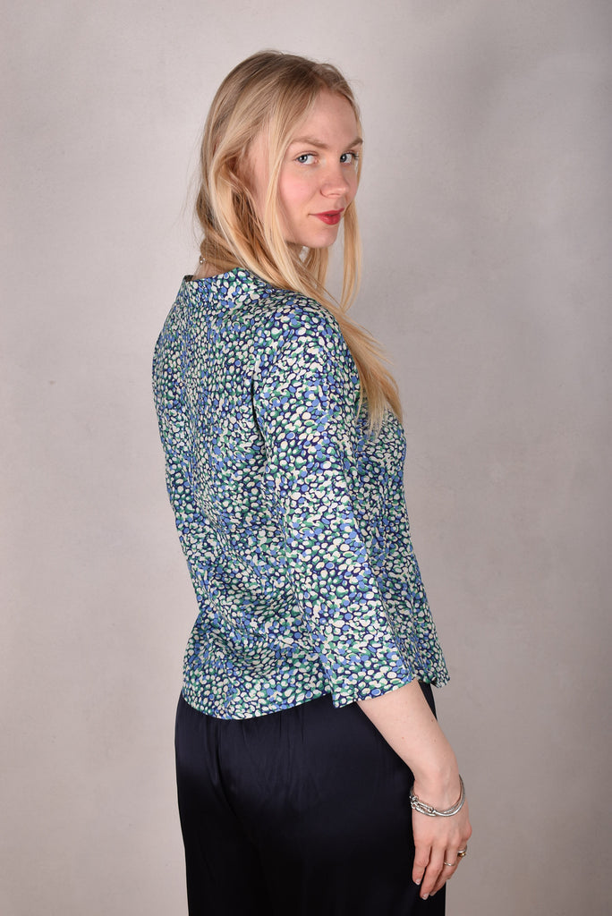 Audrey. Silk satin stretch top, classic style. Print:"Props" - Tone Barker Silk