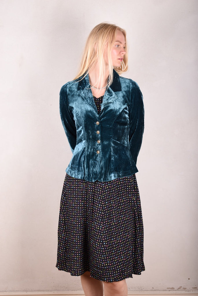 Patti-velvet. Silk stretch Velvet corduroy jacket. Petrol (details in stretch silk print "blears" - Tone Barker Silk