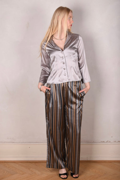 Norah, Wide legged  trousers in Stretch satin Silk. Print: "M.B Stripe" by M.BARKER - Tone Barker Silk