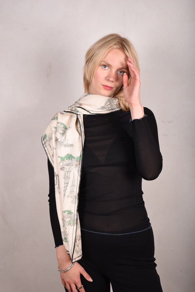Noil silk/viscose mix double scarf (two layers) 33 x 160 cm with print "Towers" by Bøje Barker - Tone Barker Silk